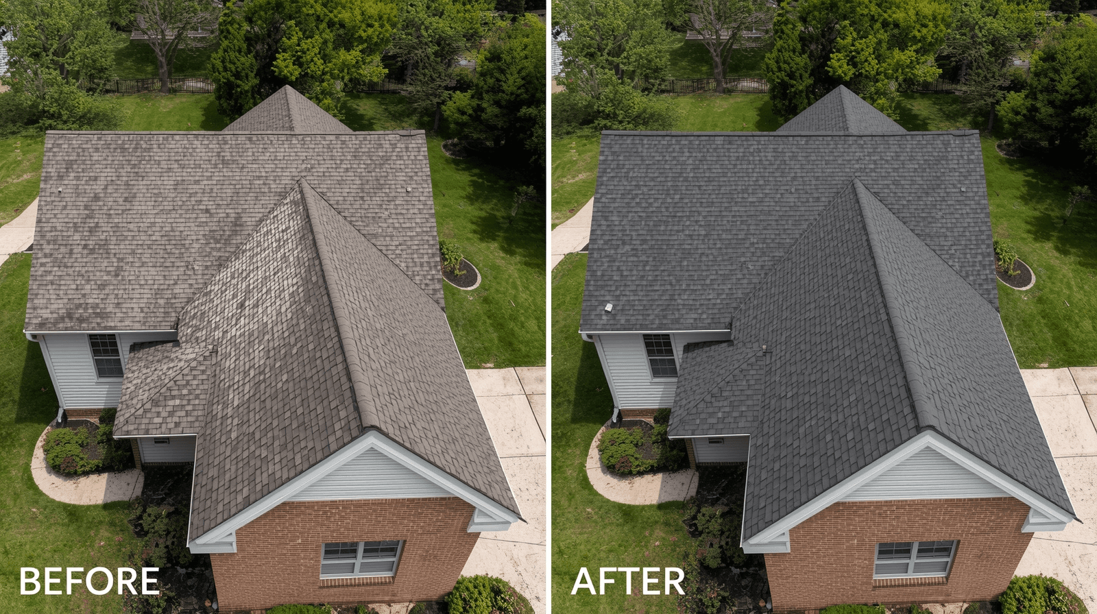 Before and after comparison of roof restoration - worn brown shingles transformed to new dark gray architectural shingles