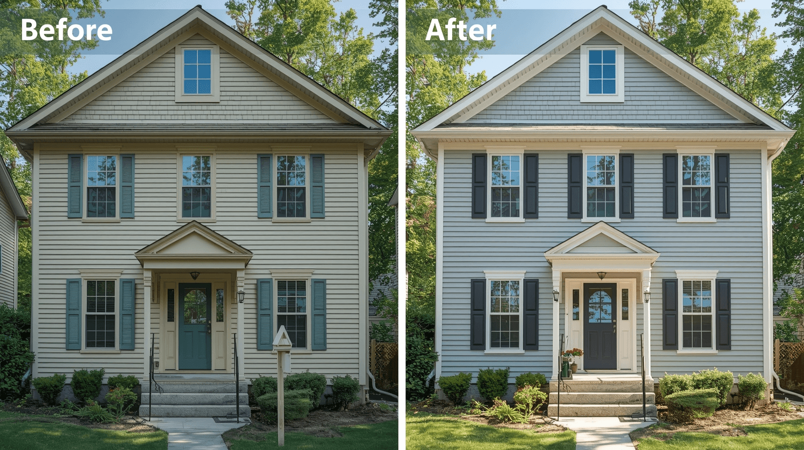 Before and after comparison of siding restoration - faded beige siding with teal shutters transformed to fresh gray siding with dark shutters